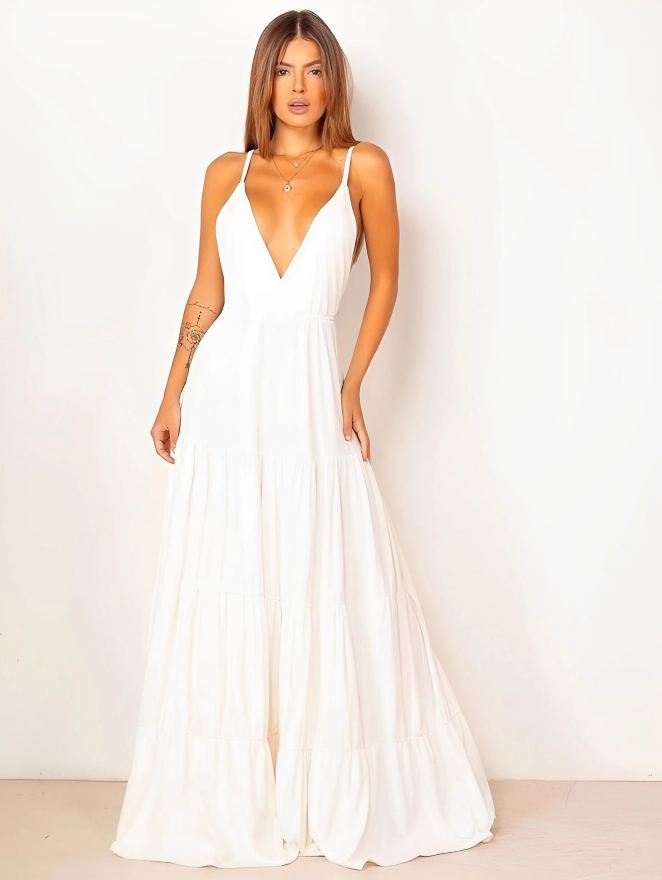 Vestido de Festa Longo Decote Profundo Alcinha branco verão casamento noiva