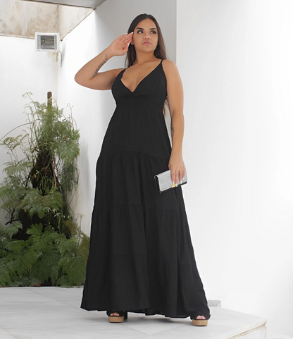 Vestido de Festa Longo Decote Profundo Alcinha verão casamento preto formatura