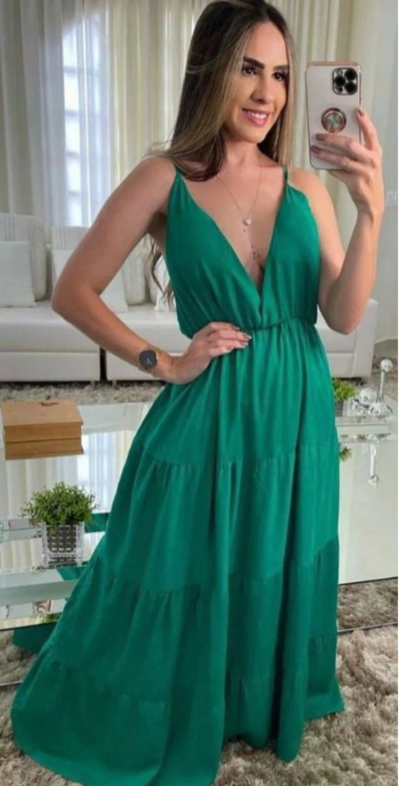 Vestido de Festa Longo Decote Profundo Alcinha verão casamento verde madrinha