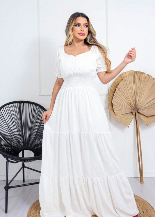 Vestido Longo Manga Curta Boho Chic branco casamento civil elegante rodado