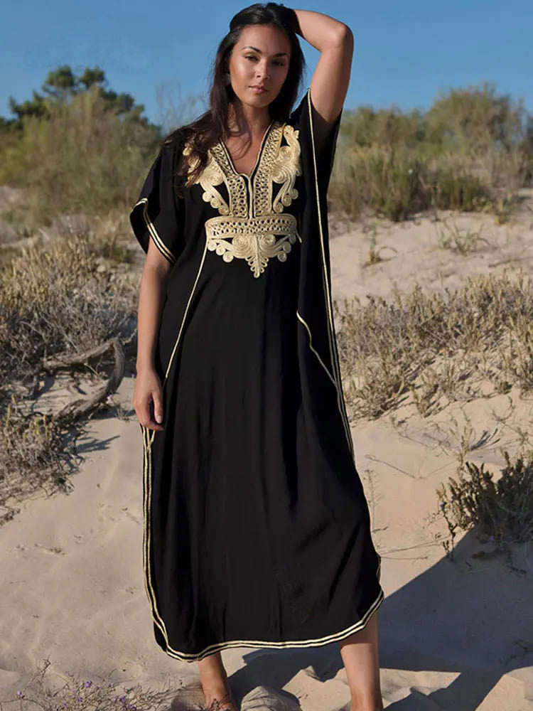 Vestido Longo Solto Decote Bordado Marrocos Túnica preto luxuoso sofisticado praia