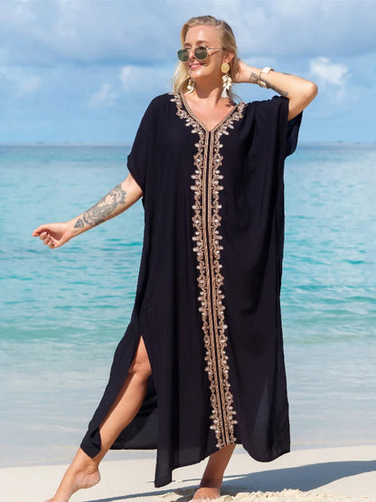 Vestido Longo Solto Decote Bordado Marrocos Túnica preto luxuoso sofisticado praia