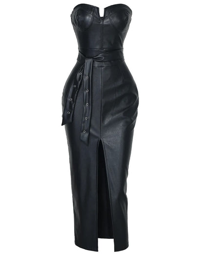 Vestido Tubinho Midi Couro PU Tomara que Caia Fenda justo sensual decotado preto 