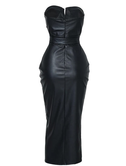 Vestido Tubinho Midi Couro PU Tomara que Caia Fenda justo sensual decotado preto