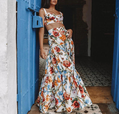 Conjunto Saia Longa + Cropped Branco Floral