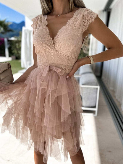 Vestido de Festa de Renda Camadas de Tule