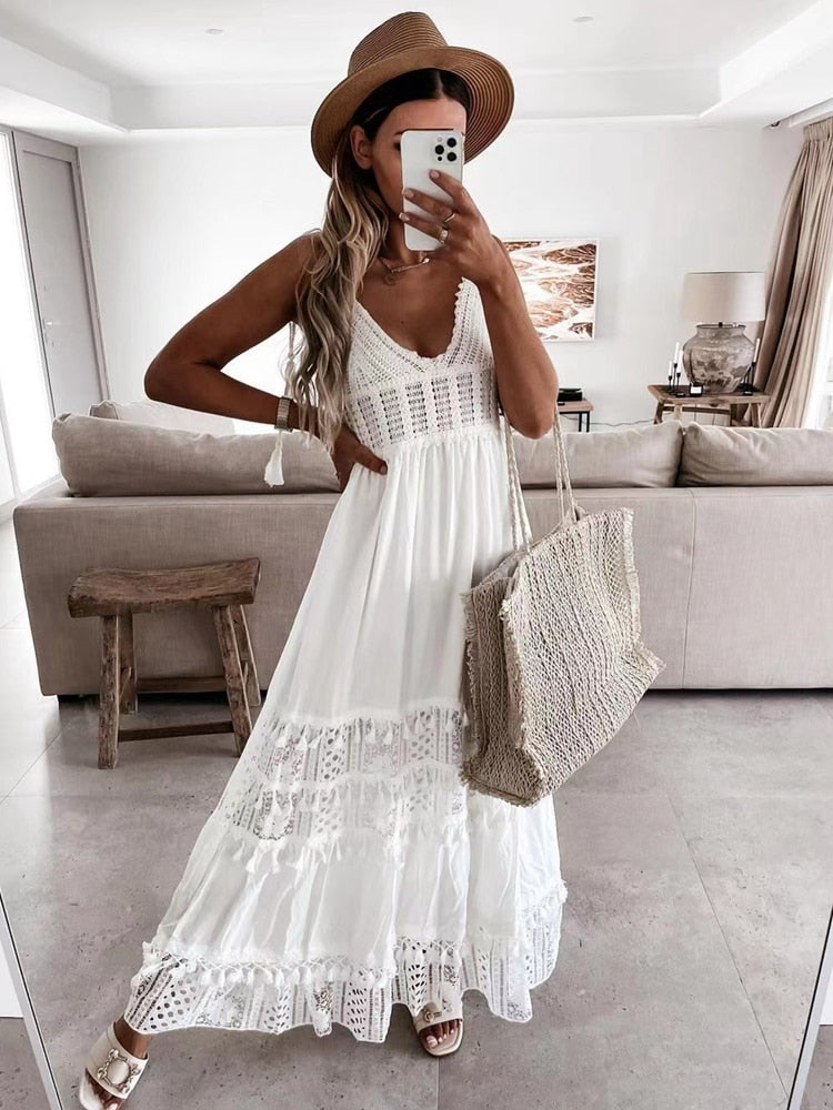 Vestido Longo Branco c/Renda Crochê Boho