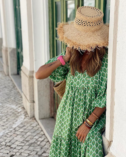 Vestido Longo Estampado Boho de Manga Ampla, P, M, G, GG, 2G, Verde/ Branco, Vermelho, Preto/Vinho, Laranja, Roxo, Verde, Branco/Azul, Azul/Roxo, Rosa, Vermelho/ Branco