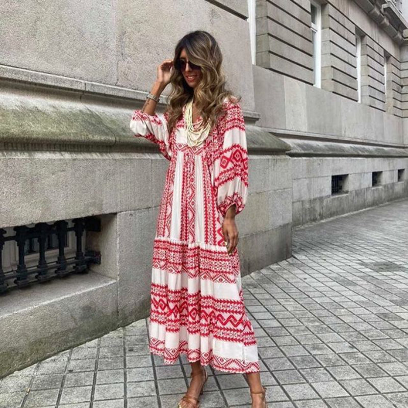 Vestido Longo Estampado Boho de Manga Ampla, P, M, G, GG, 2G, Verde/ Branco, Vermelho, Preto/Vinho, Laranja, Roxo, Verde, Branco/Azul, Azul/Roxo, Rosa, Vermelho/ Branco