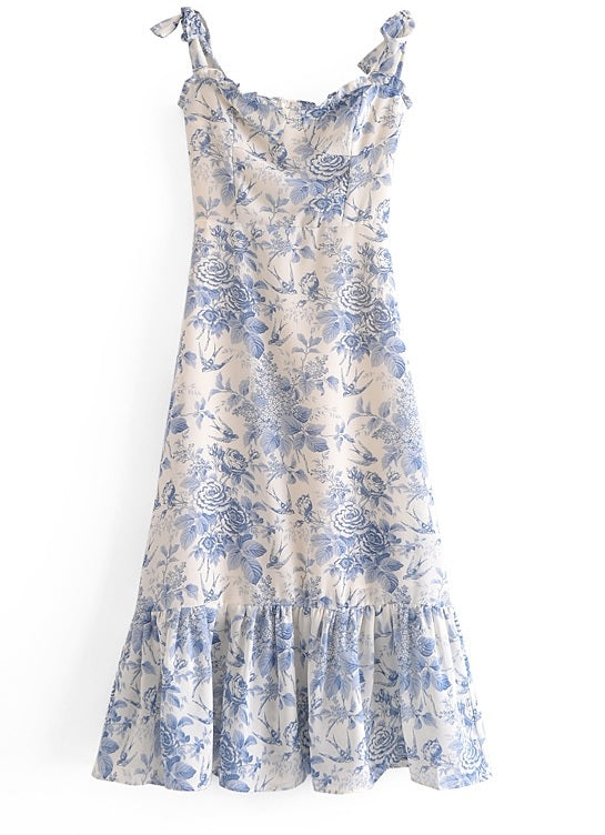 Vestido Branco Azul Floral Midi Alcinha Vintage