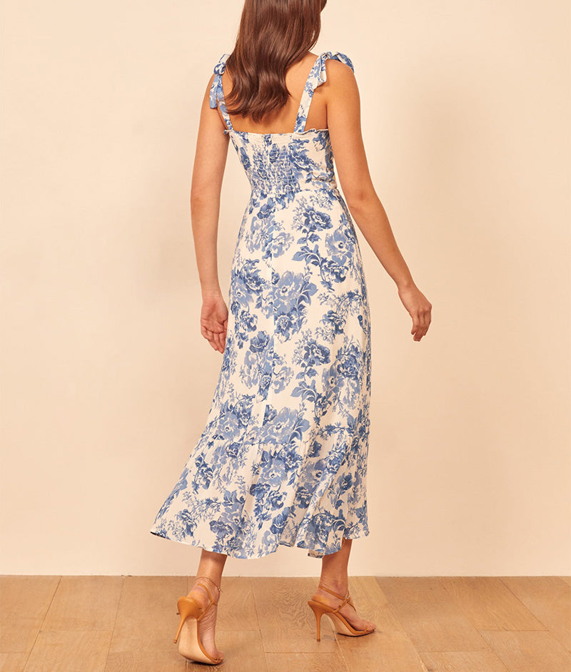 Vestido Branco Azul Floral Midi Alcinha Vintage