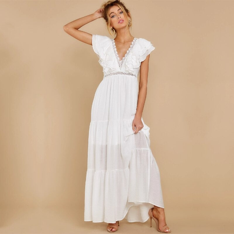 Vestido Longo Branco Decote V c/Renda