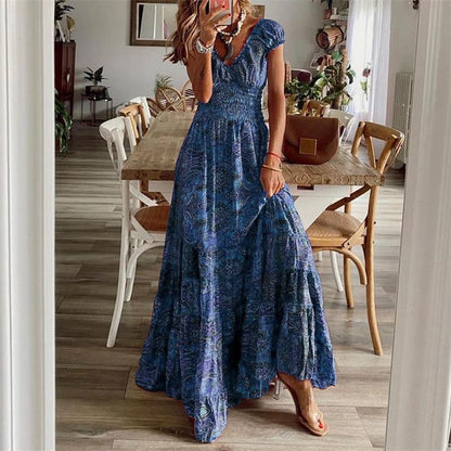 Vestido Longo Estampado Boho de Manga Curta Acinturado, P, M, G, GG, 2G, 3G, Azul