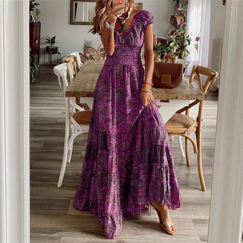 Vestido Longo Estampado Boho de Manga Curta Acinturado, P, M, G, GG, 2G, 3G, Roxo