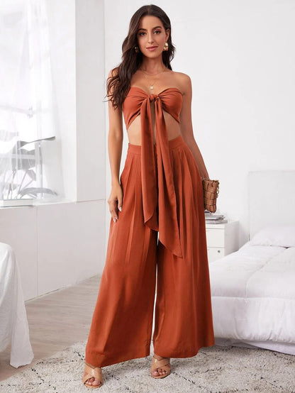 conjunto cropped calça pantalona top de amarrar sensual sexy verão decote V festa festival club balada elegante pregueado amarração laranja queimado marrom