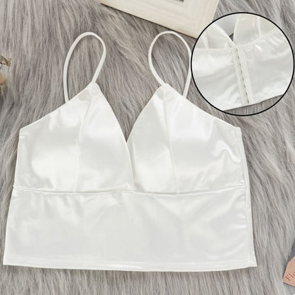 cropped de cetim alcinha verão com bojo removível brilhante brilhoso sexy sensual liso decote decotado ajustável elástico sutian sutiã top bralette lingerie seda branco