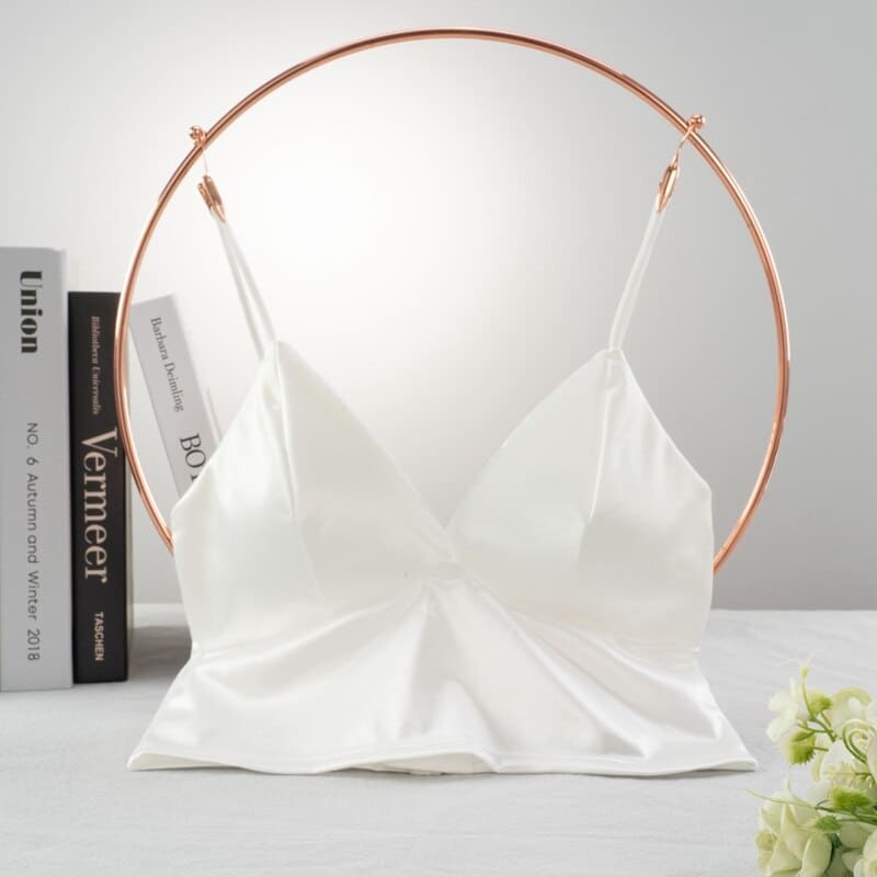 cropped de cetim alcinha verão com bojo removível brilhante brilhoso sexy sensual liso decote decotado ajustável elástico sutian sutiã top bralette lingerie seda branco