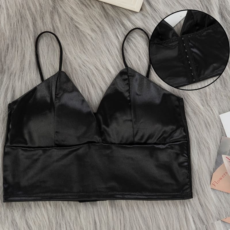 cropped de cetim alcinha verão com bojo removível brilhante brilhoso sexy sensual liso decote decotado ajustável elástico sutian sutiã top bralette lingerie seda preto