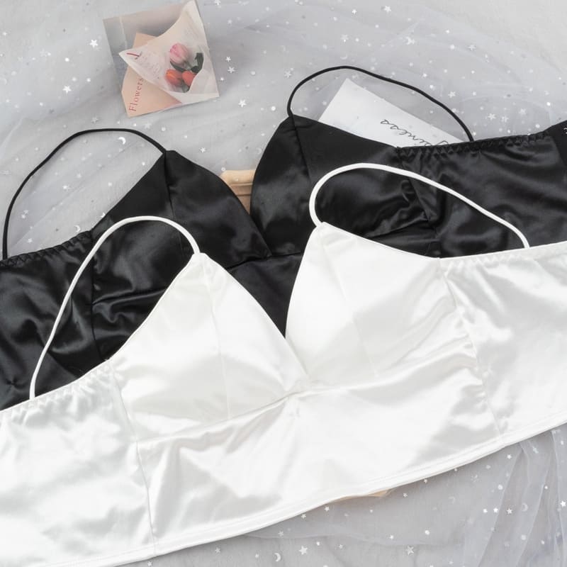 cropped de cetim alcinha verão com bojo removível brilhante brilhoso sexy sensual liso decote decotado ajustável elástico sutian sutiã top bralette lingerie seda preto branco