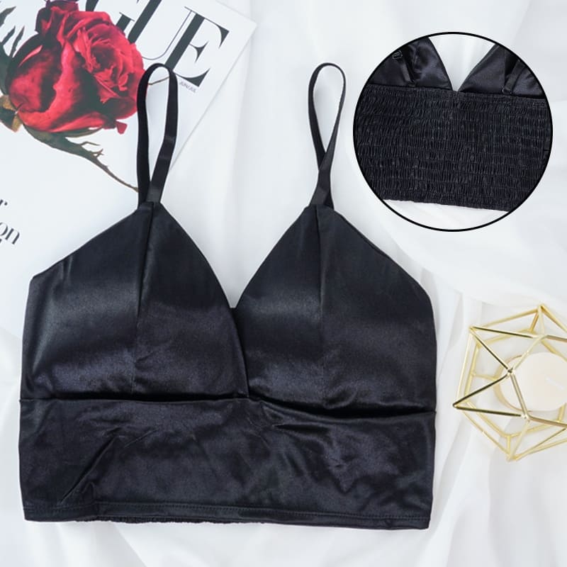 cropped de cetim alcinha verão com bojo removível brilhante brilhoso sexy sensual liso decote decotado ajustável elástico sutian sutiã top bralette lingerie seda preto