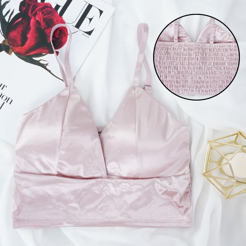 cropped de cetim alcinha verão com bojo removível brilhante brilhoso sexy sensual liso decote decotado ajustável elástico sutian sutiã top bralette lingerie seda rosa