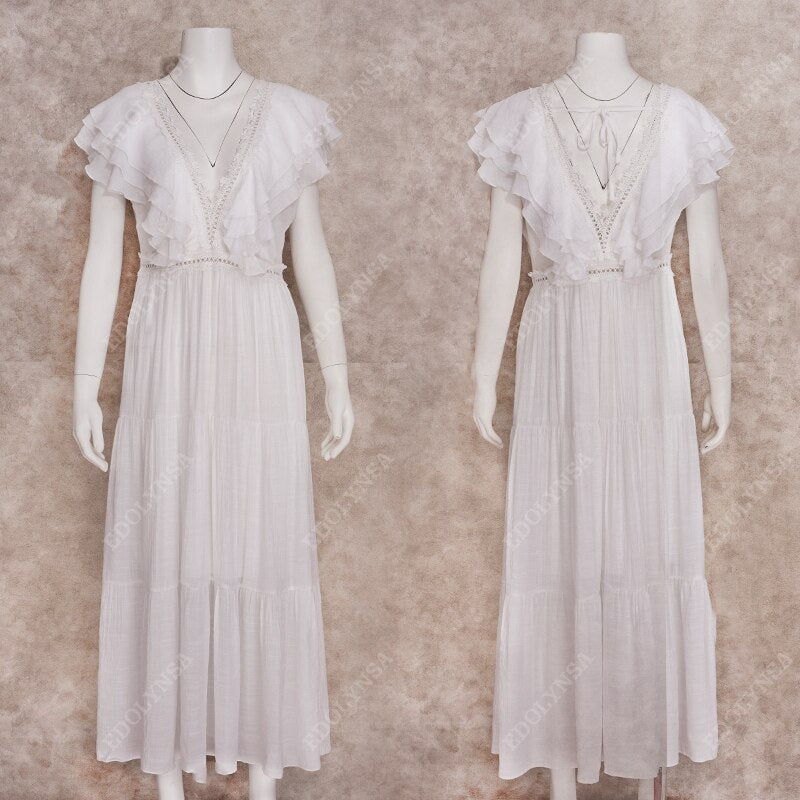 Vestido Longo Branco Decote V c/Renda