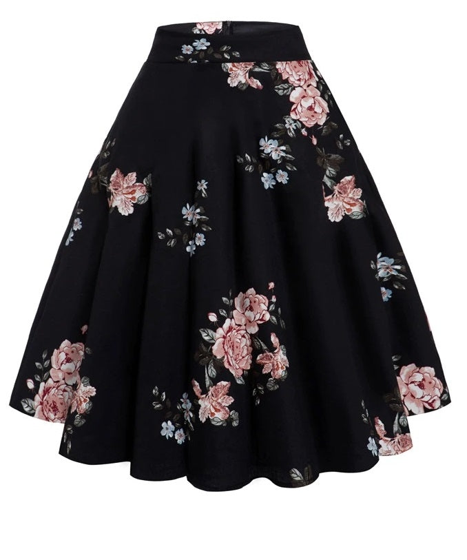 Saia Preta Floral Midi Retrô