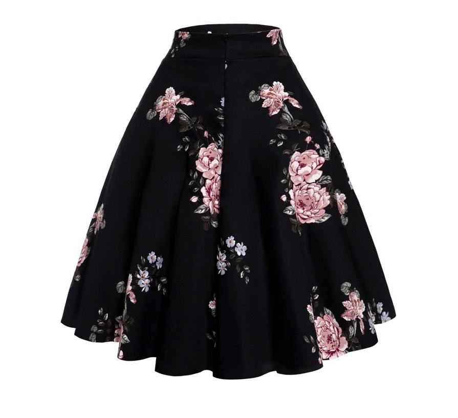 Saia Preta Floral Midi Retrô