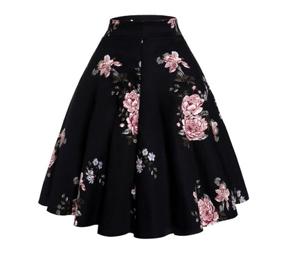 Saia Preta Floral Midi Retrô