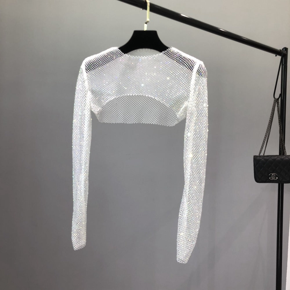 Super Cropped Rede de Cristais Brilhoso Transparente, Branco