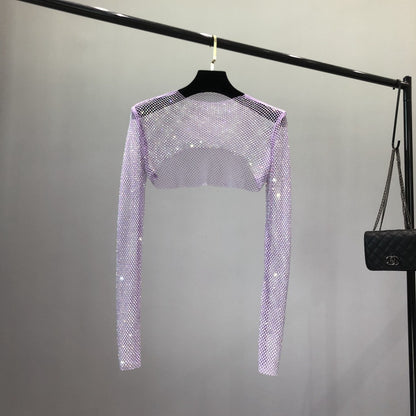 Super Cropped Rede de Cristais Brilhoso Transparente, Roxo