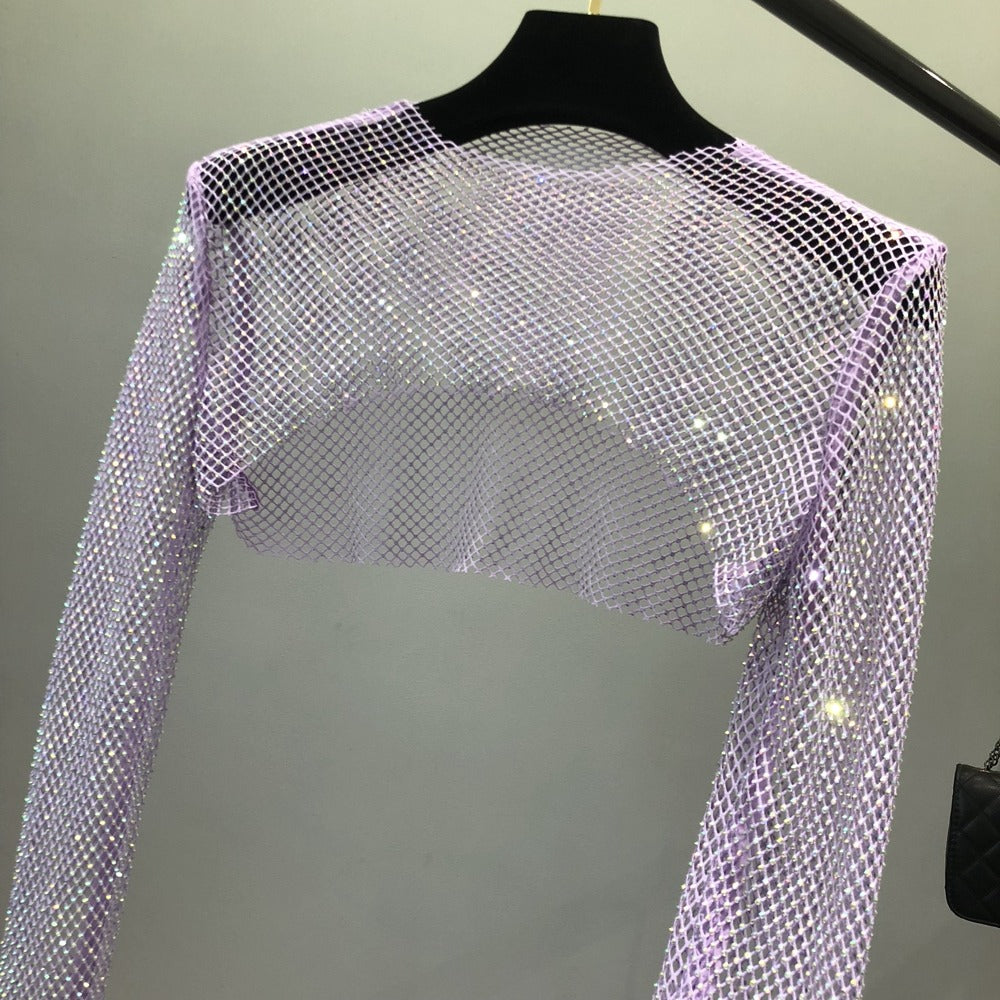 Super Cropped Rede de Cristais Brilhoso Transparente, Roxo