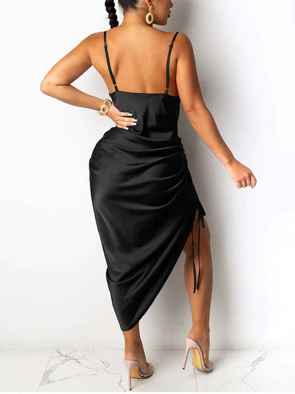 vestido de festa de cetim midi fenda com amarração sensual sexy verão decote V brilhante brilhoso fenda alcinha elegante acinturado costas nuas abertas pregueado assimétrico preto