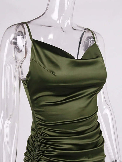 vestido de festa de cetim midi fenda com amarração sensual sexy verão decote V brilhante brilhoso fenda alcinha elegante acinturado costas nuas abertas pregueado assimétrico verde musgo