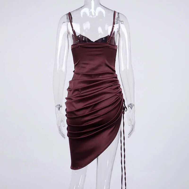 vestido de festa de cetim midi fenda com amarração sensual sexy verão decote V brilhante brilhoso fenda alcinha elegante acinturado costas nuas abertas pregueado assimétrico vinho