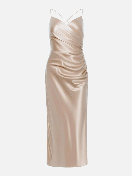 vestido de festa midi com fenda cetim brilhante brilhoso sexy sensual alcinha transpassado colado levinho brilhante brilhoso liso decote decotado pregueado franzido nude champagne