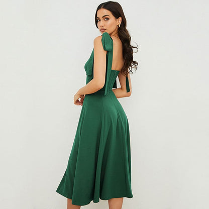 vestido de festa midi com amarrações nos ombros e fenda liso alça verão elegante decote médio costas nuas verde