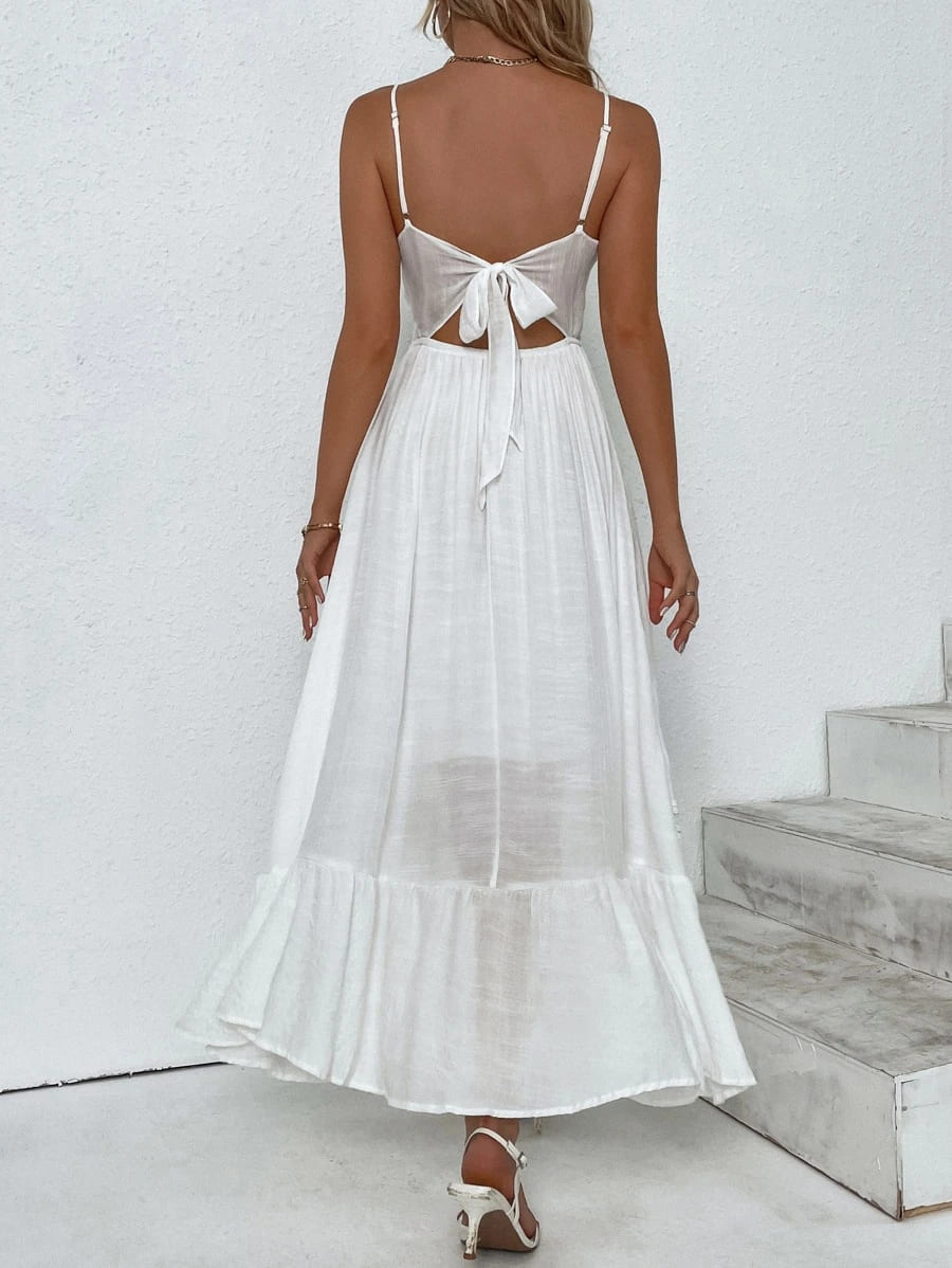 vestido de renda longo verão branco com laço amarração nas costas decotadas abertas