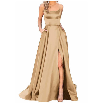 Vestido Longo de Festa de Cetim Fenda Casamento Formatura, PP, P, M, G, GG, 2G, Dourado slip dress 