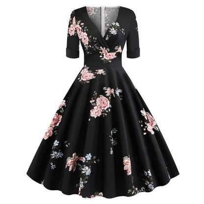 Vestido Retrô vintage Meia Manga Estampado preto floral Audrey Hapburn Anos 50-60, P, M, G, GG, 2G, Preto Floral