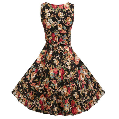 vestido retrô preto estampa floral rodado