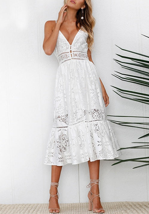 Vestido de Renda Midi Alcinha Transparências branco